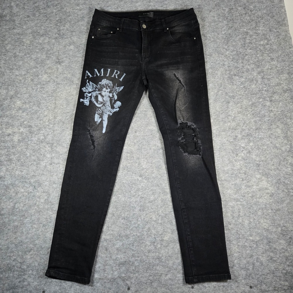 Amiri Mens Black Cherub Graphic Distressed Slim Jeans 34